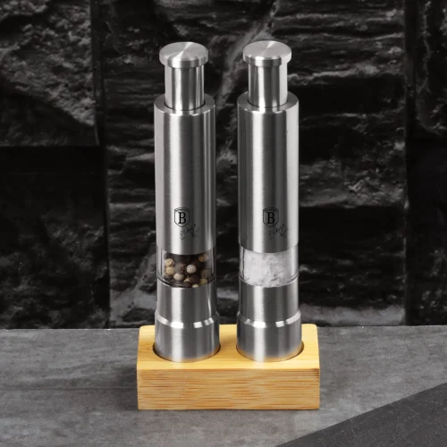 סט זוגי מלח ופלפל נירוסטה +מעמד עץ BH/7783
